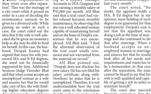 Court asks divorcee to pay maintenance to educated wife. The Pioneer, Delhi Edition