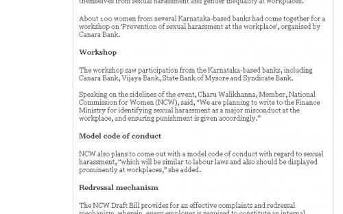 Sexual Harassment at Work Place : Code of Conduct Sonn, The Hindu Bussiness Line, Bangluru Edition