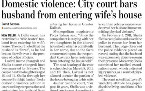 Domestic violence : City court bars husband from  entering wife's house (Hindustan Times, Delhi).