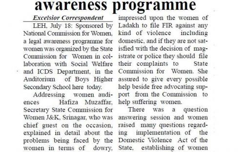 NCW organizes legal awareness programme. (Daily Excelsior, Jammu.)